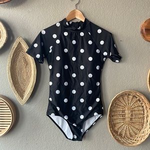 Polka dot zip up one piece swimsuit